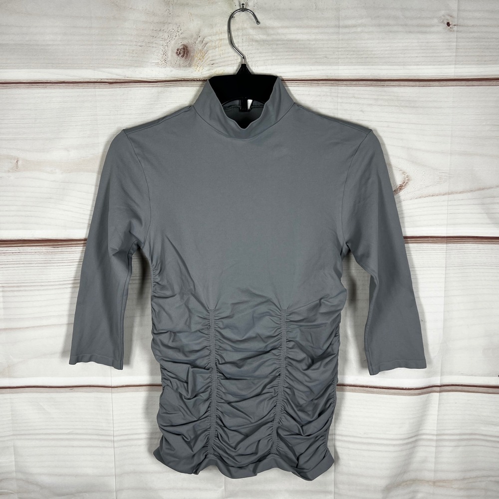 Last Tango Ruched Mock Neck Top Womens M L Gray Solid 3/4 Sleeve Stretch Basic